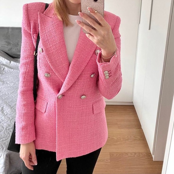 Zara Jackets & Blazers - Zara pink tweed double breasted blazer barbie